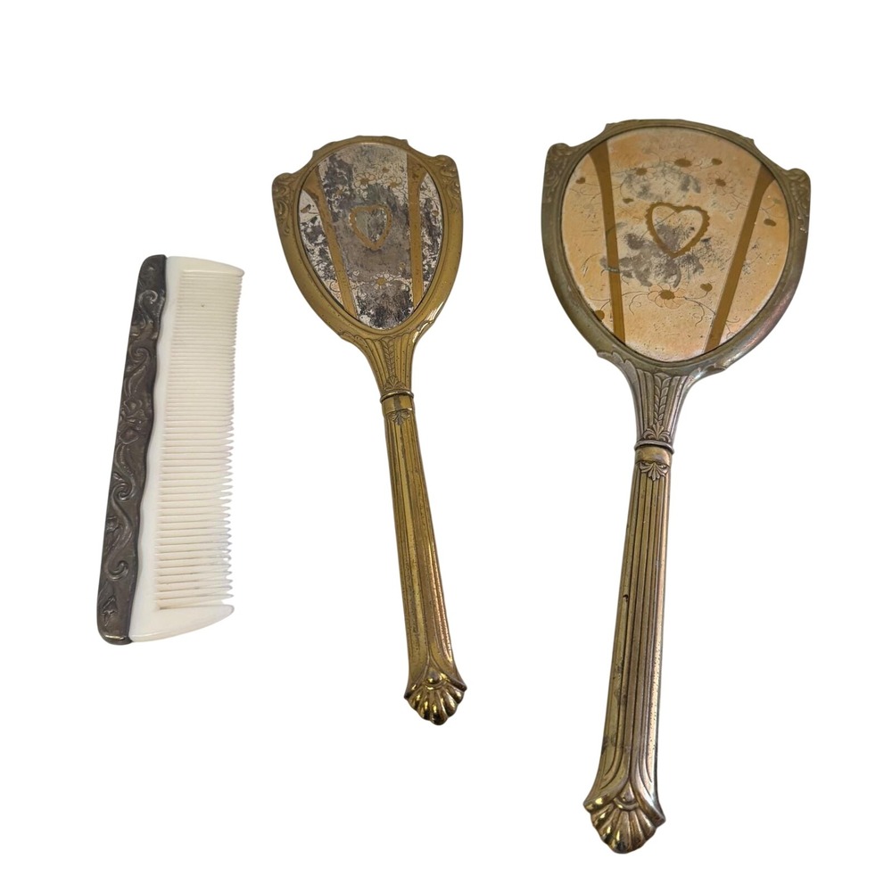 Antique Vanity Set 3pc Gold Tone Floral Heart Art Deco Mirror Brush Comb Set